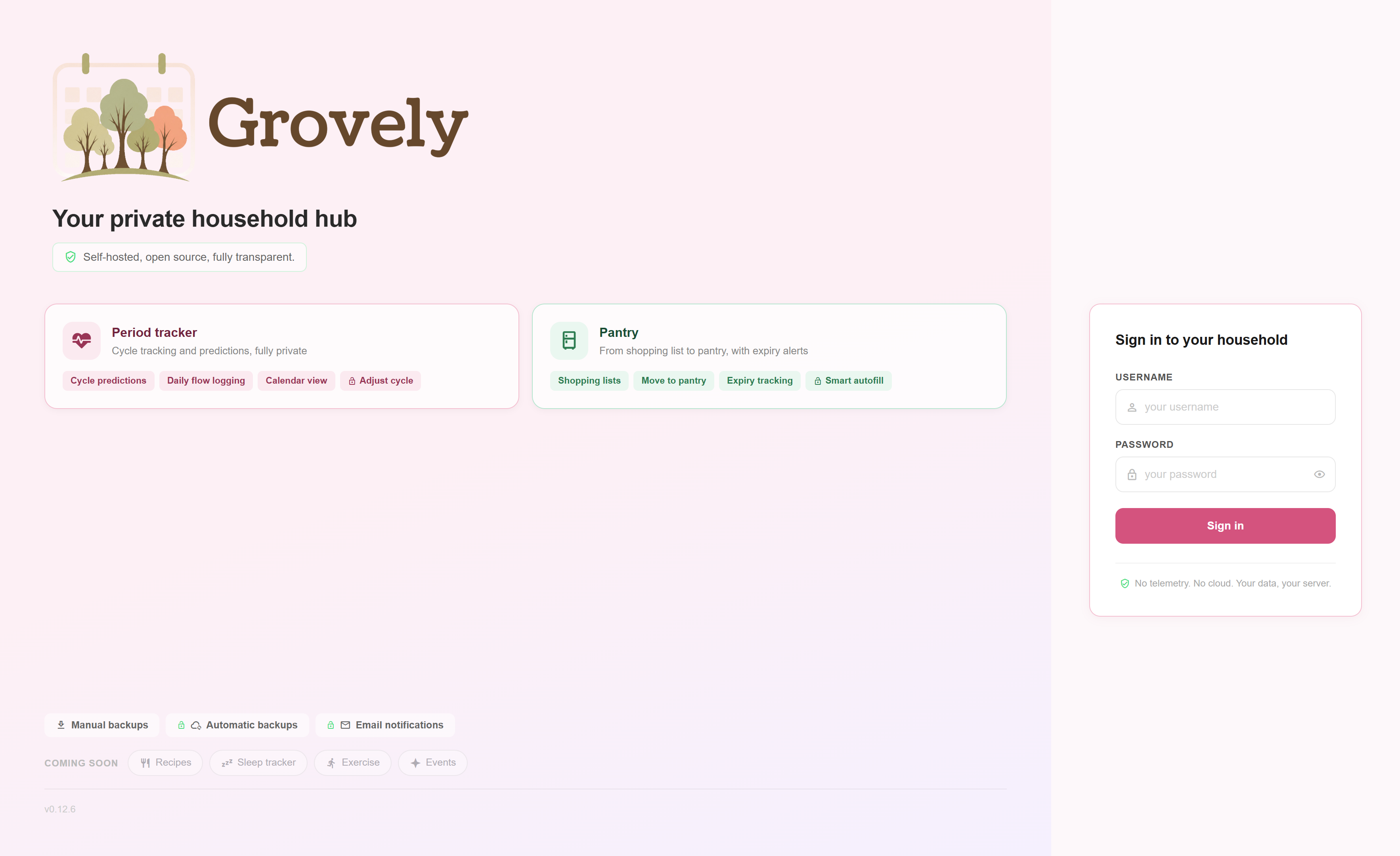 Grovely login screen